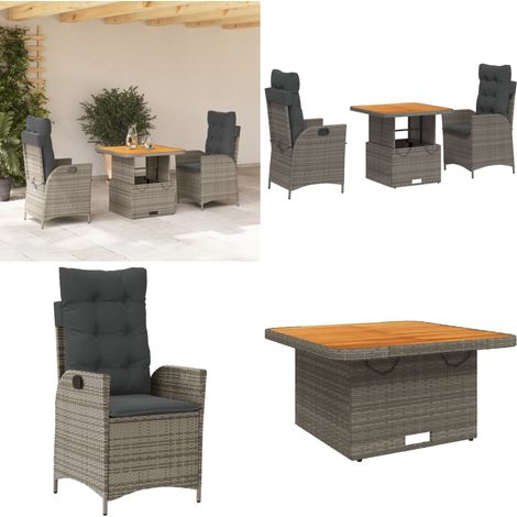 3-tlg. Garten-Essgruppe mit Kissen Grau Poly Rattan - Gartentisch - Relaxsessel