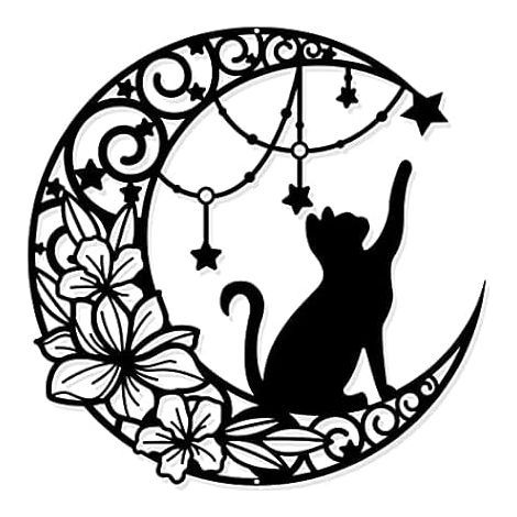 Lune et Chat Décoration Murale en Métal, Noir Tenture Murale Décor Silhouette Art Mural pour la Maison Chambre Salon Salle de Bains Cuisine Bureau Jardin Hôtel Décoration Murale,3030cm (1/5)