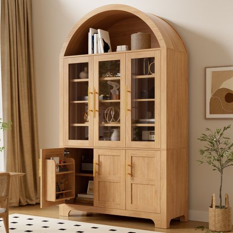 MODFU – Credenza vetrina 110x40x185 cm in MDF con nicchia ad arco, 3 ante in vetro e ripiani regolabili, carico 50 kg – Naturale (1/5)
