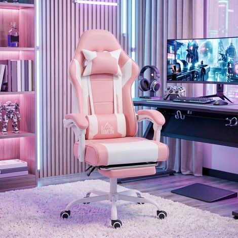 Fauteuil de jeu avec massage lombaire, vibration, inclinaison à 155°, hauteur réglable, appui-tête et repose-pieds rétractables, rose (1/5)