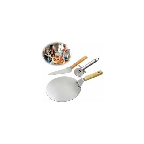 3pcs Roulette pizza, Pelle à pizza, Pelle à gâteau en Acier Inoxydable Manche en bois , Idéal pour Tarte, Pizza ou Gâteau,-- (1/4)