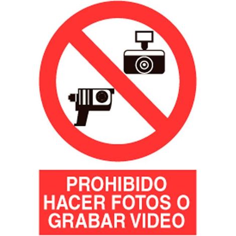 Señal poliestireno 420x297mm con pictograma y texto prohibido fotos y video.