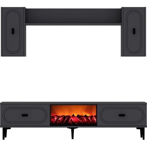 Conjunto de mueble TV con estantes de pared y chimenea LED de 150 cm gris antracita VIBRA