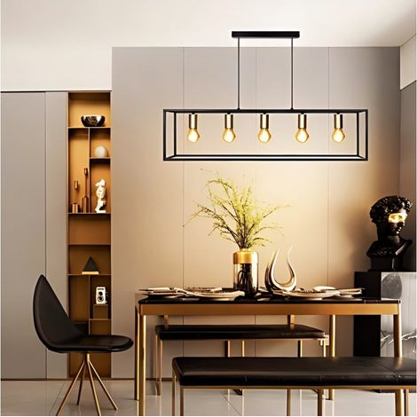 Suspension rectangulaire métal noir 5 points lumineux, douille E27, éclairage spacieux pour salle à manger