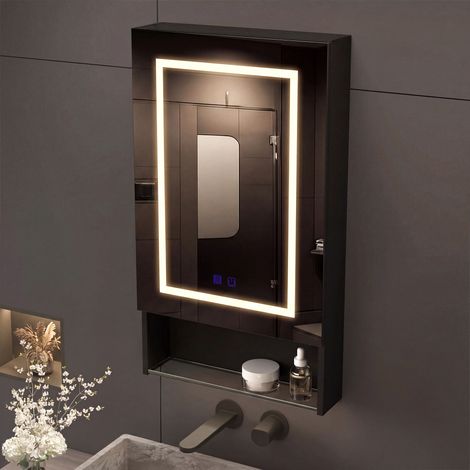 Armoire de Salle de Bain avec Miroir et Éclairage LED, Meuble Mural de Rangement pour Salle de Bain, avec Porte, Étagère Ajustable,Noir,50x88x15 cm (1/5)