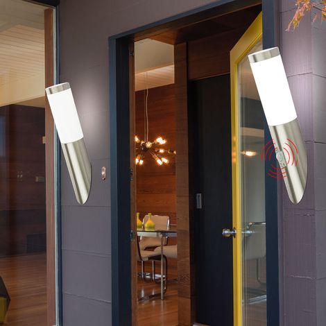 Außenwandlampe mit Bewegungsmelder Fassadenleuchte Terrassenlampe Edelstahl Gartenlampe, 1x E27, DxH 7,6 x 39/40,5 cm, 2er Set