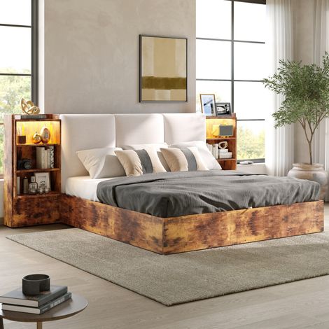 Cama con canapé 180x200 cm con cabecero acolchado, 6 compartimentos, LED, marrón DESVIAE (1/5)