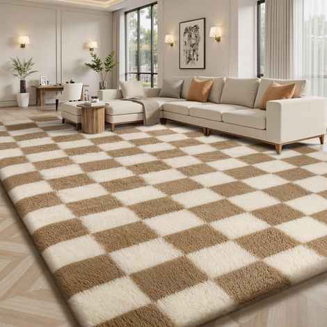Tapis pour salon, tapis à carreaux pour chambre à coucher, lavable, antidérapant, extra large et moelleux pour chambre d'enfant, dortoir, couleur : beige et blanc, dimensions : 160 x 230 cm (1/5)