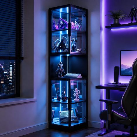 Vetrina LED 205 cm con doppie ante in vetro e schienale a specchio, nera OKWISH (1/5)