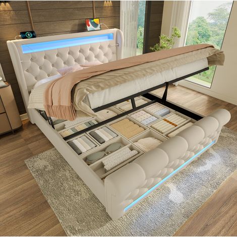 FLORAGRACE Cama tapizada 160x200 cm en terciopelo beige, con LED perimetral, cabecero con USB y USB-C, arcón hidráulico (1/5)