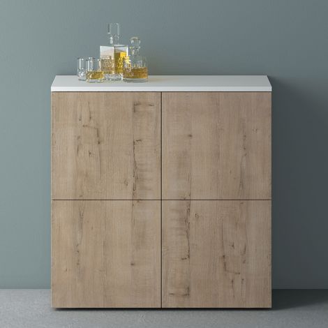 Mai & Mai Meuble de Rangement avec 4 Portes et 4 Compartiments Casier de Rangement Polyvalent Buffet Blanc Mat + Chêne Blanc Clair 76x36,4x74 cm SR04 (1/5)