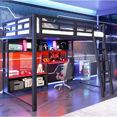 Lit mezzanine gaming 140 x 200 cm avec bureau, LED RGB et étagères, métal noir REDOM (1/5)