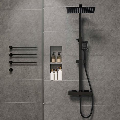 Colonna doccia termostatica con miscelatore, set doccia in acciaio inox 304 - Soffione pioggia 30x30cm + doccetta 3 Jet autopulente, Kit completo con tubo 1.5m e saliscendi rettanglo regolabile, nero