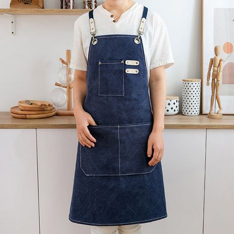 Tablier de Cuisine Professionnel [Apron] Premium Bandoulière Détachable Poches Imperméable Toile Coton Confortable Bleu Marine pour Restaurant (1/5)