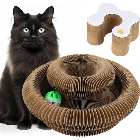 Katzenkratzbaum aus Pappe – Faltbarer Kratzbaum in verschiedenen Formen, interaktives Spielzeug mit Glöckchen zum Zurückholen, fördert den Jagdinstinkt der Katze, geeignet für Katzen jeden Alters (1/4)