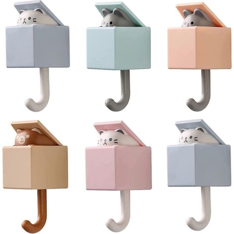 Ensemble de 6 crochets adhésifs rétractables en forme d'animaux mignons, pour porte-manteaux de bureau, porte-serviettes, porte-clés et crochet mural pour clés d'entrée. (1/5)