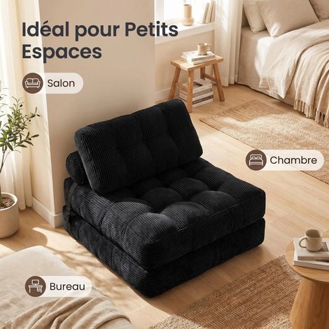 Chaise de sol pliable 2 en 1 en velours côtelé - Dossier inclinable - Convertible en canapé relax et lit d'appoint - Gain de place pour salon et chambre - Noir (1/5)
