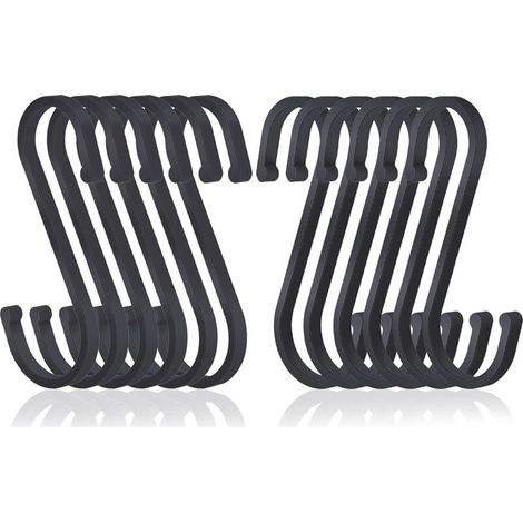Ganci a S, Confezione da 12 ganci a S piatti in alluminio, finitura opaca, per cucina, camera da letto, bagno, ufficio e giardino, nero (1/5)
