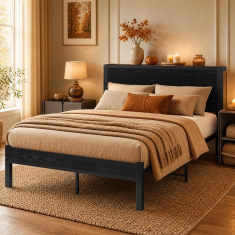 Letto a piattaforma 120x200 cm in metallo e MDF nero con testiera contenitore (1/5)