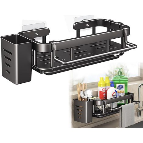 Organiseur d'évier de cuisine multifonction – porte-éponges pour évier de cuisine avec bac anti-goutte, porte-serviettes et crochets – Porte-objets mural sans trous en acier inoxydable et ABS (1/5)