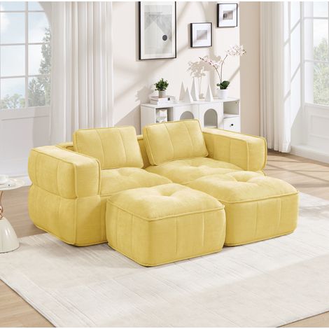 Divano modulare 198/162/67 cm giallo con 2 pouf, seduta profonda in poliestere (1/5)