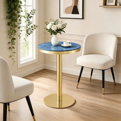 Table d'appoint ronde moderne, plateau effet marbre avec bordure dorée, structure métallique robuste noire/dorée/argentée, idéale comme table basse, table de chevet ou table de balcon. (1/4)