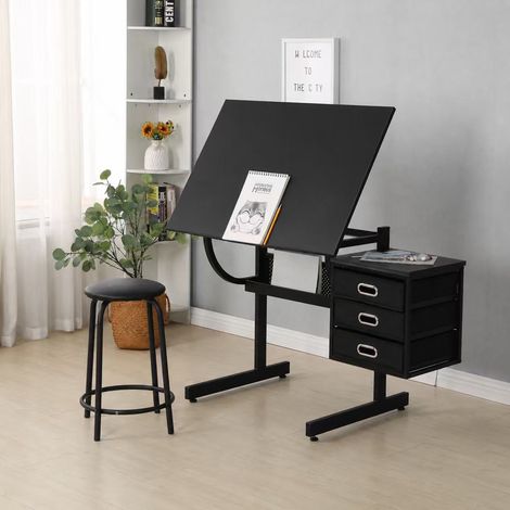 Tavolo da disegno regolabile nero con sgabello e 3 cassetti OKWISH (1/5)