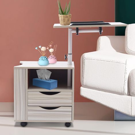 Table d'appoint avec roulettes réglable en Hauteur - Table Basse avec Rail Pratique et Rangement Multi-Couches - pour Salon, Chambre à Coucher, Aspect Bois - Blanc (1/5)
