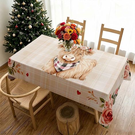 Nappe rectangulaire à motif floral et poules de la ferme (1 pièce), idéale pour une table de ferme ou un repas décontracté. (1/4)