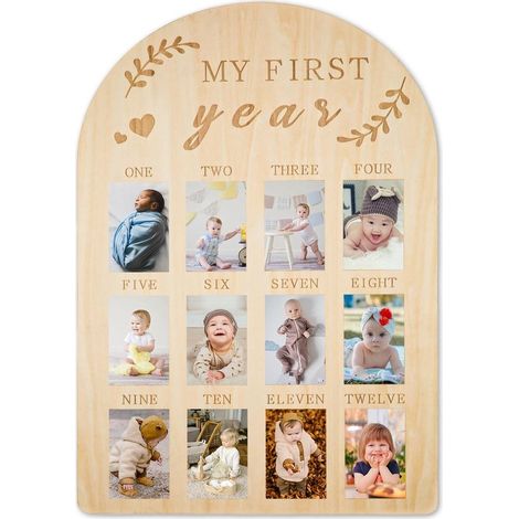 Cadre photo bébé : « Ma première année » Cadre photo en bois personnalisé pour 12 photos de bébé (mensuelles) Décoration/cadeau pour chambre d'enfant (1/4)
