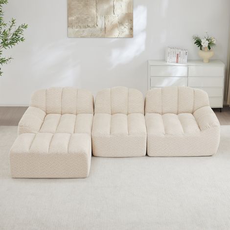 Modulares Ecksofa 3-Sitzer mit 1 Ottoman, 288 x 165 x 79 cm, Granulierter Fleece, Beige Weiß HAVRYA (1/5)