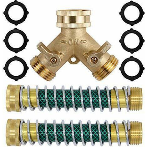 Raccord de tuyau d'arrosage en laiton 2 voies 3/4'' + 2 protections de ressort hélicoïdal + 6 rondelles en caoutchouc (1/5)