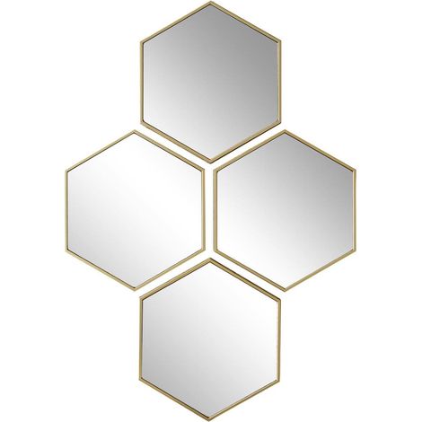 4 miroirs muraux décoratifs hexagone au contour doré en polypropylène