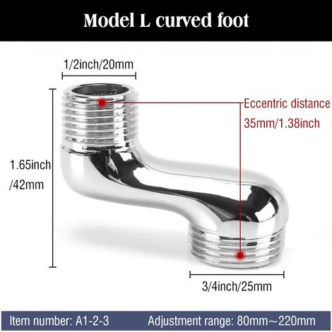 (A1-2-3) Accessoires pour robinetterie de douche : coudes allongés et renforcés, tuyaux courbes et joints pour pommeaux de douche. Le robinet est coudé. (1/5)