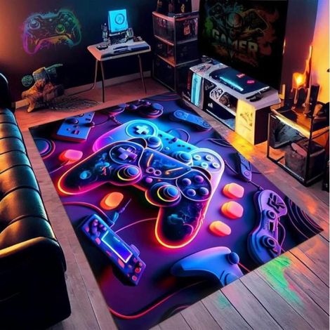 Tapis Chambre Gamer 80x160cm,3D Tapis Sol Gaming Deco Enfant Antidérapant Néon Coloré Console De Jeu Flanelle Doux Carpets,Navy (1/4)