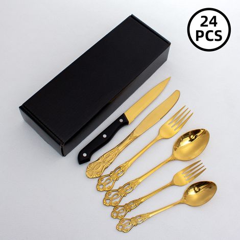 (Service de table 24 pièces - doré) Service de table avec couverts et cuillères en acier inoxydable ajouré et gaufré