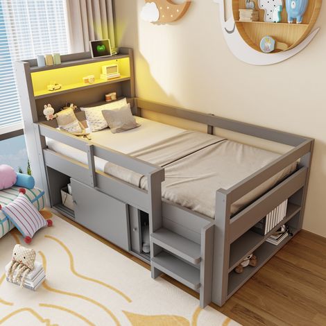 Lit en bois 90 x 200 cm, avec espaces de rangement, compartiments et armoires à portes coulissantes, équipé d'un éclairage LED et de ports de charge USB, lit enfant, lit simple, lit multifonction, gri (1/5)