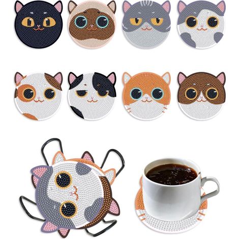 Lot de 8 sous-verres diamant peinture avec support, motif chat