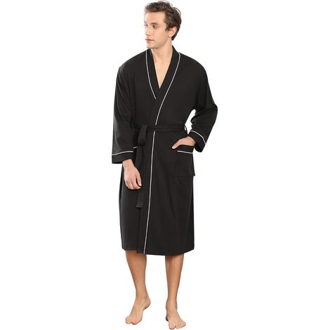 1 peignoir pour homme, en coton et polyester, longueur genou, à nouer, avec ceinture ajustable et deux poches avant (1/5)
