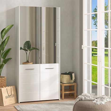Zapatero Trabia, mueble zapatero de 8 estantes, 4 puertas, con espejo, 90x38x199h cm blanco (1/5)