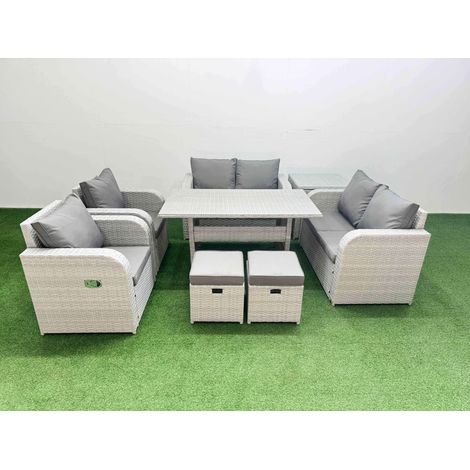 Fimous 8 Seater Outdoor Reclining Chair Love Sofa Set Rattan Garden Furniture Set with Rectangular Dining Table 2 Stools Side Table Light Grey (1/4)