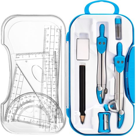 Kit Geometrie - 10 Pieces - Compas Rapporteur Regle Gomme Crayon Mines Taille-Crayon Boite Rangement - Pour Cours Mathematiques Et Dessin Technique - 1 Unite (1/5)