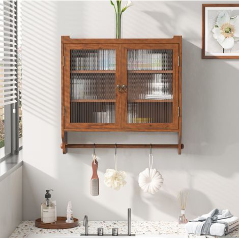 Meuble rangement mural vitrine 63 cm bois verre marron OKMYHOME (1/5)