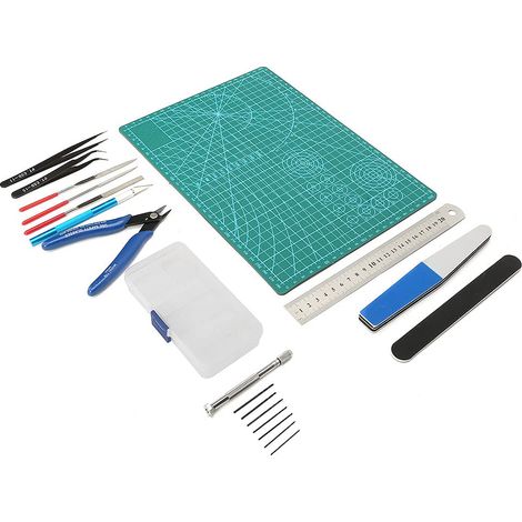 DIY-Modellbau-Werkzeugset: Pinzette, Lineal, Schneidematte, Aufbewahrungsbox, Polierstab, manuelles Spiralbohrer-Set für Modellbau- und Bastelprojekte (1/4)