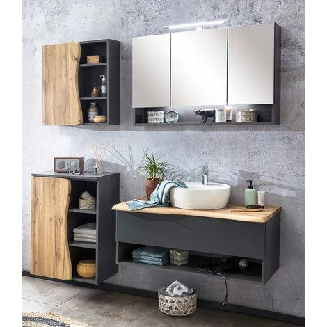 Badezimmer Set mit LED Spiegelschrank KAHLA-03 in anthrazit und Wotan Eiche Nb. mit Baumkantenoptik, B/H/T: ca. 181/200/52 cm (1/5)