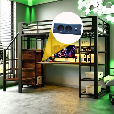 Letto a soppalco per bambini 90x200 cm con scrivania, illuminazione a LED, prese elettriche, contenitore e scaletta, in metallo nero (1/5)