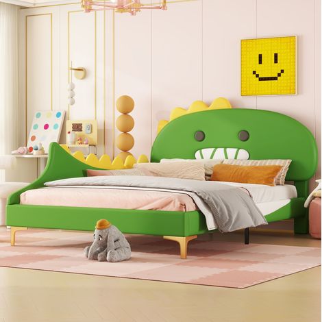 DESVIAE Lit enfant dinosaure cartoon vert 140 x 200 cm en PU et MDF tête de lit ludique pour chambre d enfant moderne (1/5)