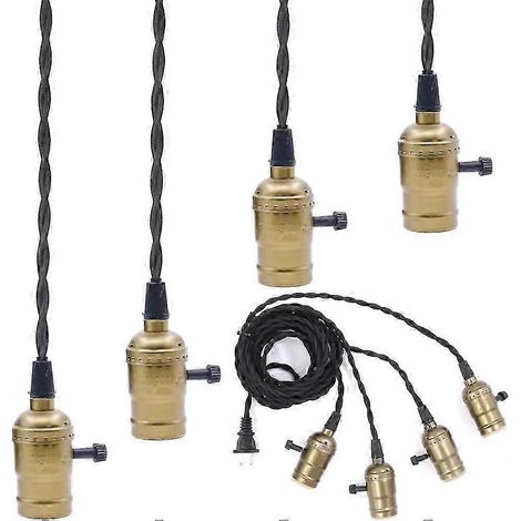 4 Stück Vintage-Fassung, Bronze-Kordel-Pendelleuchte mit Schalter, E27-Schraube, solide industrielle Dreifachleuchte für Küche, Esszimmer, Bar, Esszimmer (Messing) (1/4)