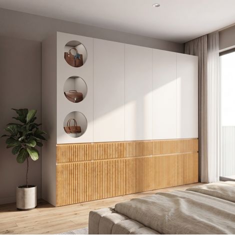 Armario 225x50x202 cm MDF roble claro/gris, 10 puertas, almacenaje dormitorio – MEUBLIV (1/5)
