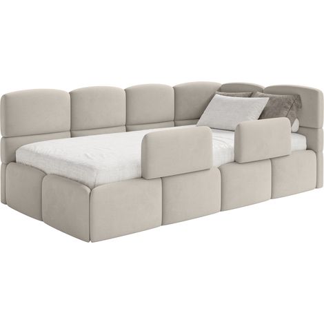 Selsey Cloudy – Kinderbett 120x200, Kopfteil rechts, Matratze & Bettkasten, Samt Hellbeige